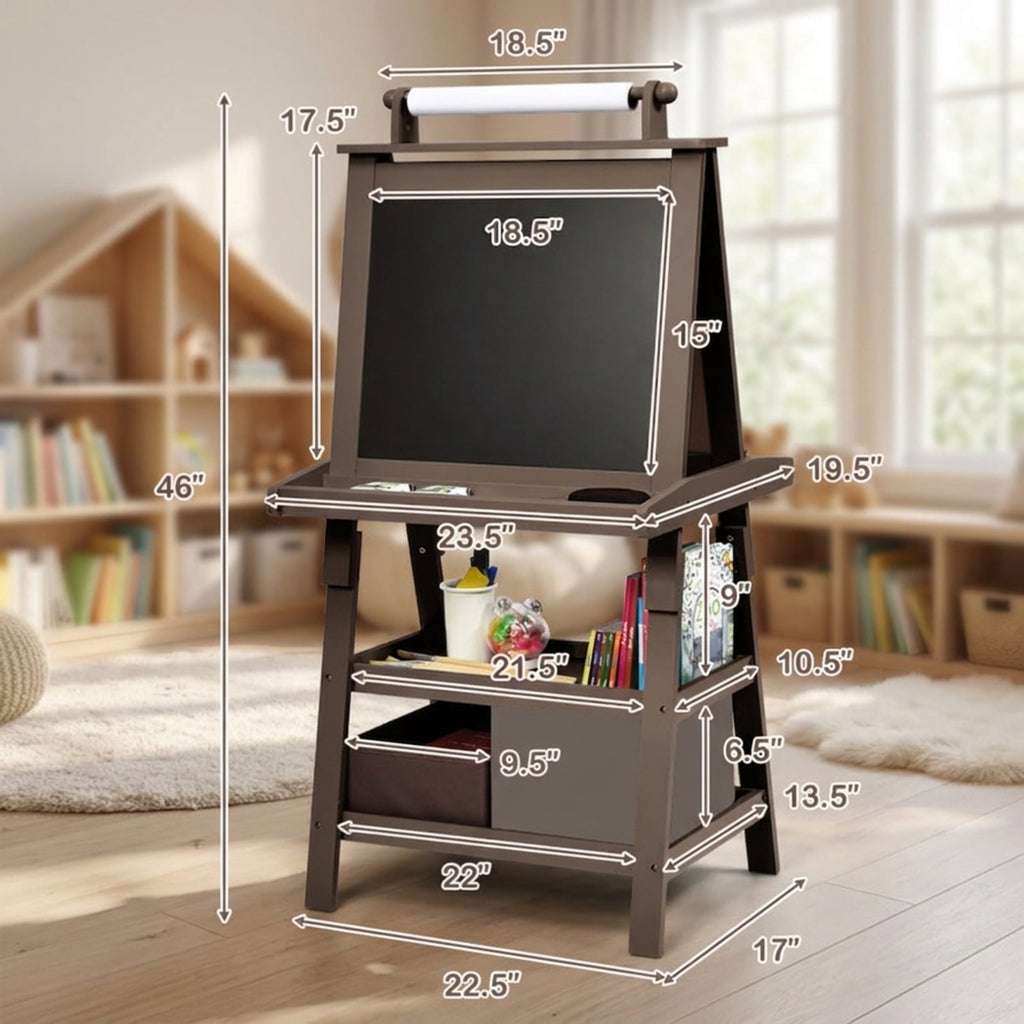Redsmile 3-in-1 Kids Art Easel for Toddlers 3+ Years, Double-Sided Standing Easel with Whiteboard, Chalkboard and Paper Roll, Storage Shelves, Fabric Bins and Paint Cups, Christmas Gift, Brown