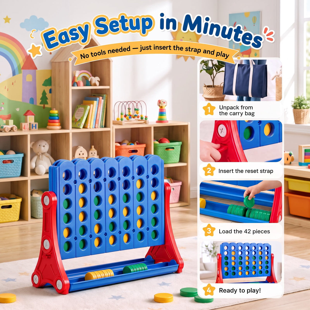 Redsmile 4 in a Row Game with 42 Chips and Carry Bag, Tabletop Strategy Game for Family Game Nights and Outdoor Parties