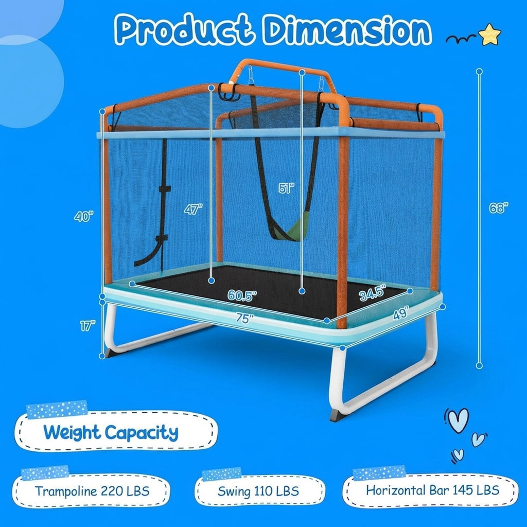 Redsmile 6 Feet Rectangle Trampoline with Swing Horizontal Bar and Safety Net-Orange - Premium PE Safety Enclosure for Kids Outdoor Play