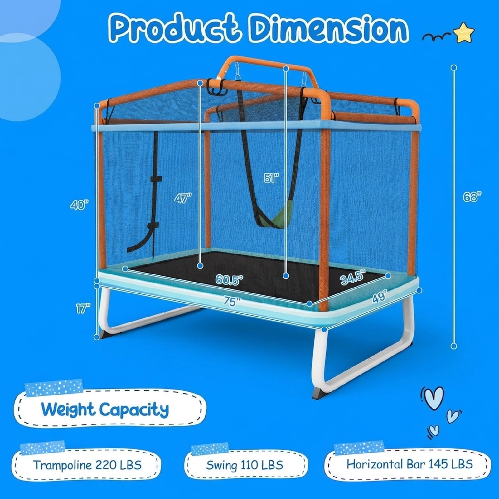 Redsmile 6 Feet Rectangle Trampoline with Swing Horizontal Bar and Safety Net-Orange - Premium PE Safety Enclosure for Kids Outdoor Play
