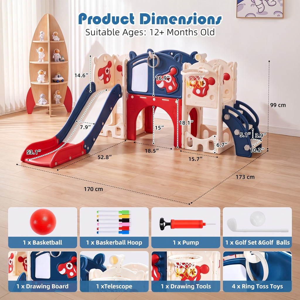 Redsmile Kids Slide and Climber Playset with Basketball Hoop, Telescope, Golf, Drawing Board and Ring Toss Activities