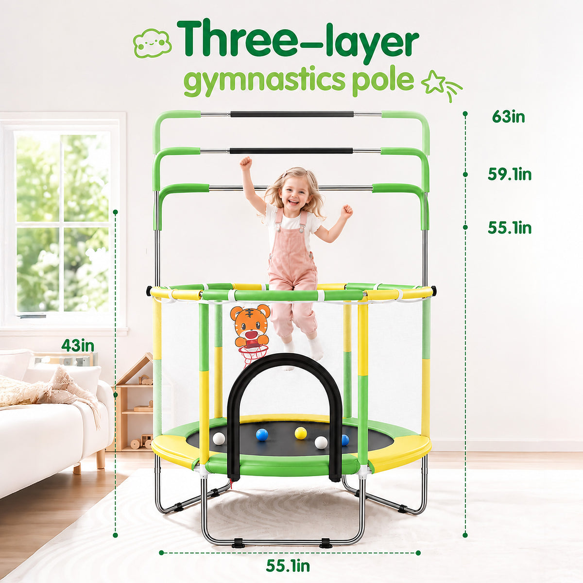 Redsmile 55 Inch Trampoline for Kids with Safety Net, 3-Level Adjustable Height, 500lb Capacity Indoor and Outdoor Jumper with Basketball Hoop for Boys and Girls, Green