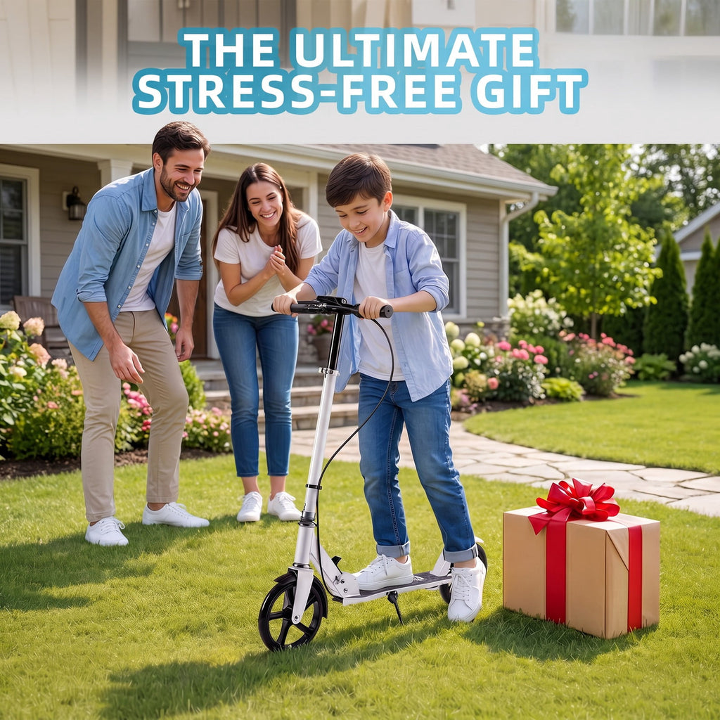 Redsmile Folding Kick Scooter with 8-Inch PU Wheels, 4-Level Adjustable Handlebar and Hand Brake for Everyday Riding, White