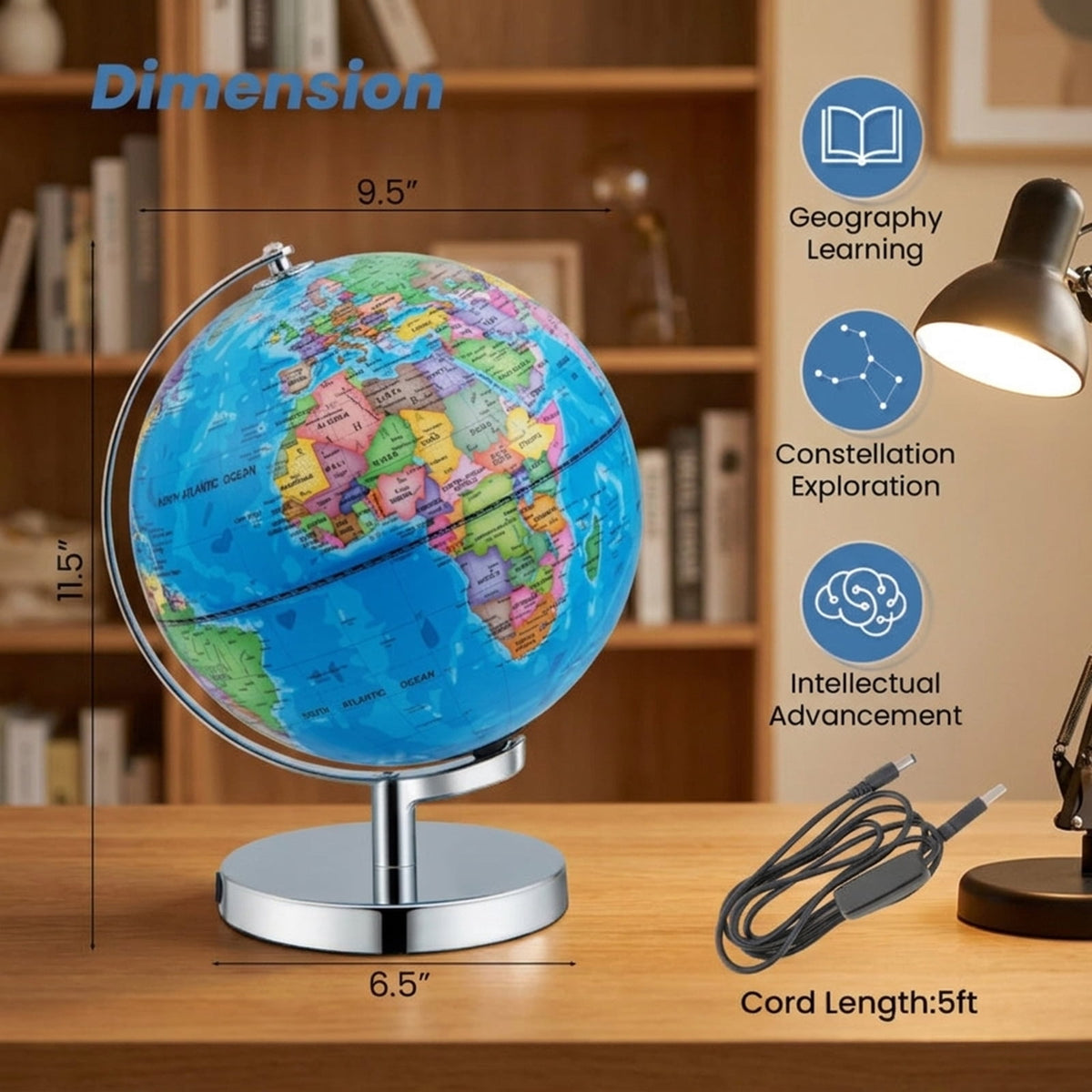 Redsmile 3-in-1 Illuminated World Globe for Kids, 9 Inch Educational Globe with Stand, 88 Constellations, Night Light and 190+ Countries, Learning Gift for Boys and Girls, Christmas Gift, Blue