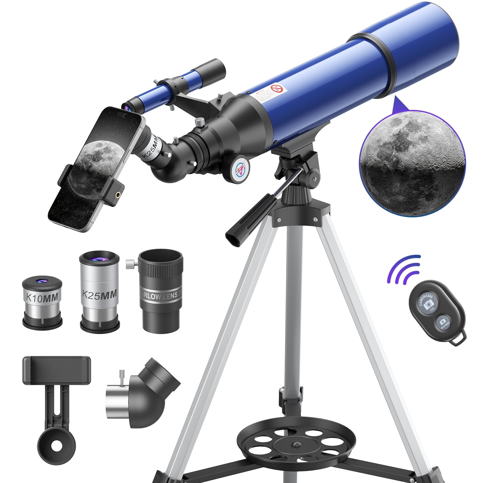Redsmile Telescope for Adults Astronomy Beginners80mm Aperture 500mm Refractor Telescope with AZ Mount Tripod and 2 Eyepieces20x to 50x Magnification for Moon ViewingBlue