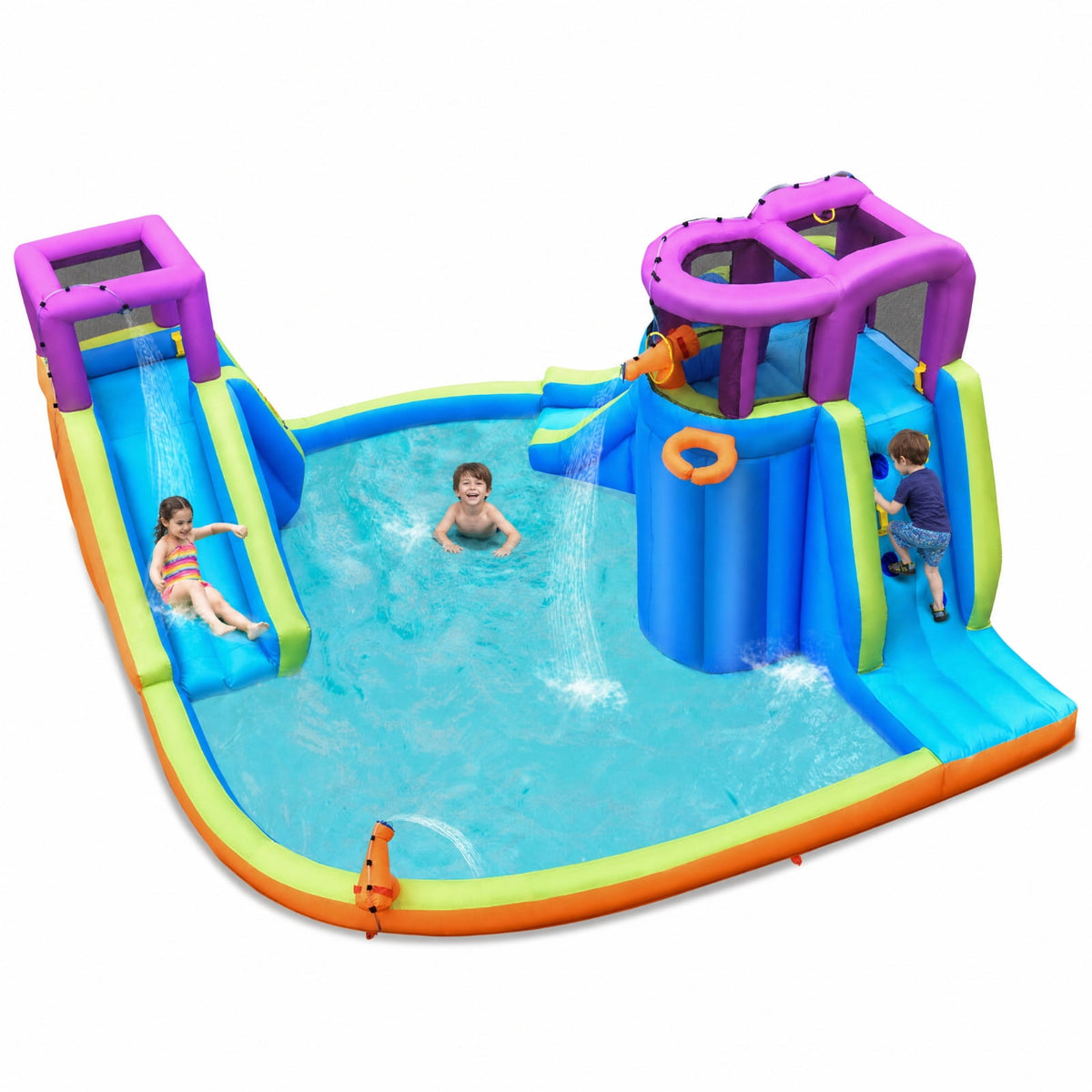 Redsmile 6-in-1 Inflatable Dual Water Slide Bounce House, Backyard Water Slide with 4 Sprayers, 2 Water Guns and Basketball Hoop for Kids Ages 3-10, ASTM Outdoor Fun (Without Blower)