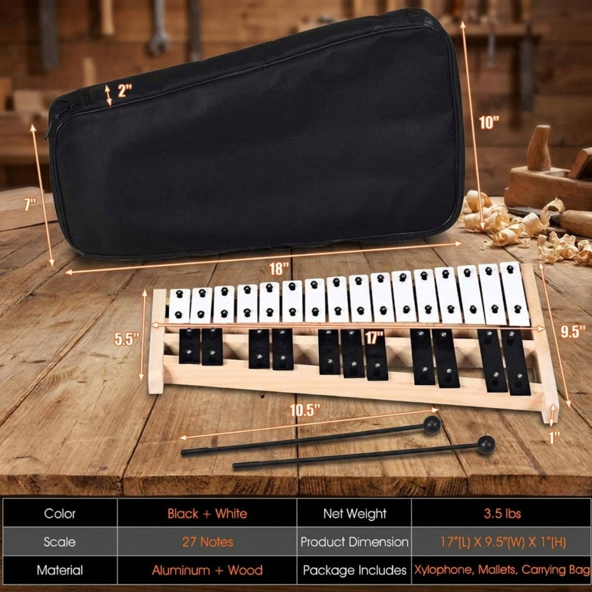 Redsmile 27 Note Glockenspiel Xylophone with 2 Rubber Mallets and Carrying Bag Wide Scale Musical Instrument for Kids and Beginners, Black and White