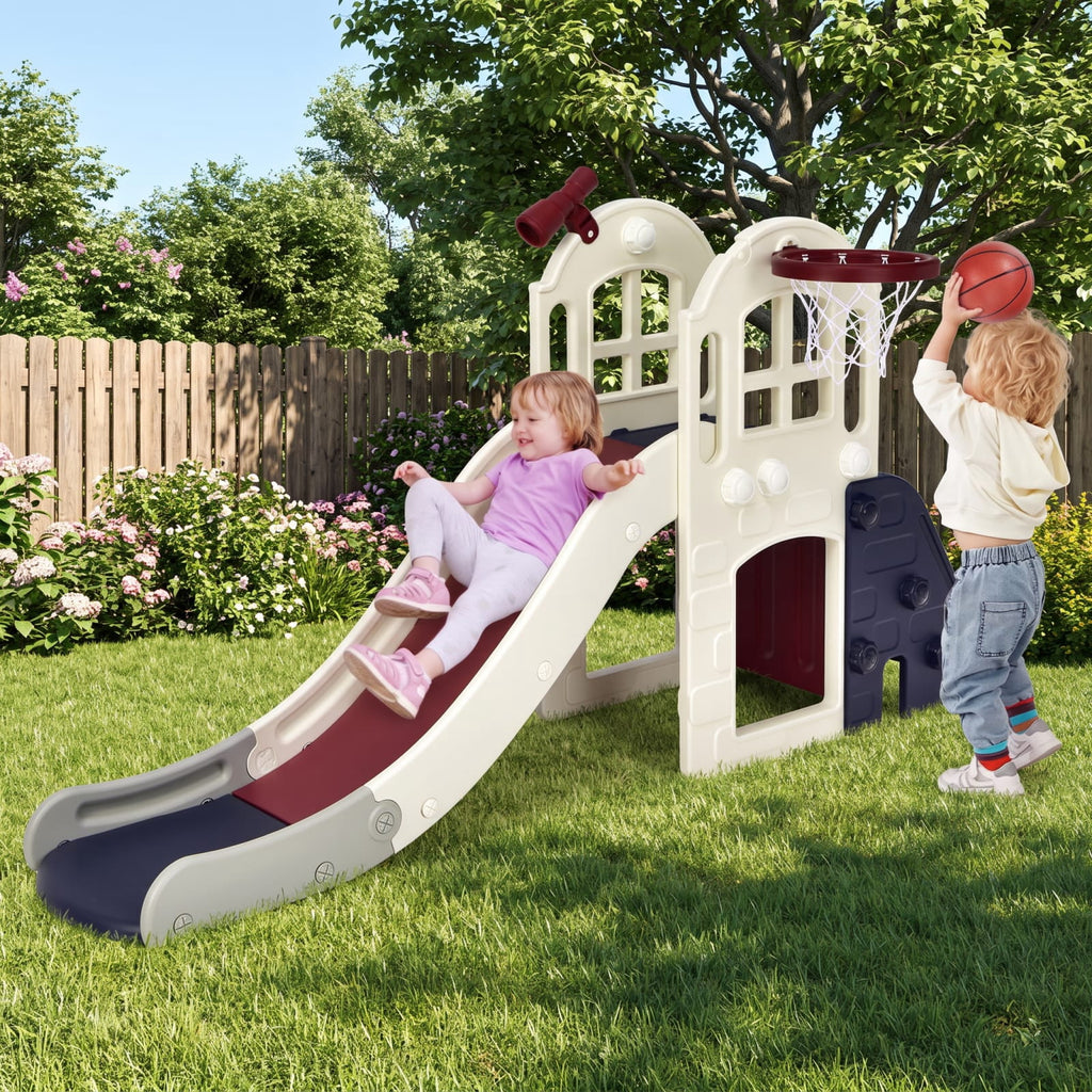Redsmile 6-In-1 Large Slide for Kids Toddler Climber Slide Playset with Basketball Hoop for Kids 3+ Years Old, Blue