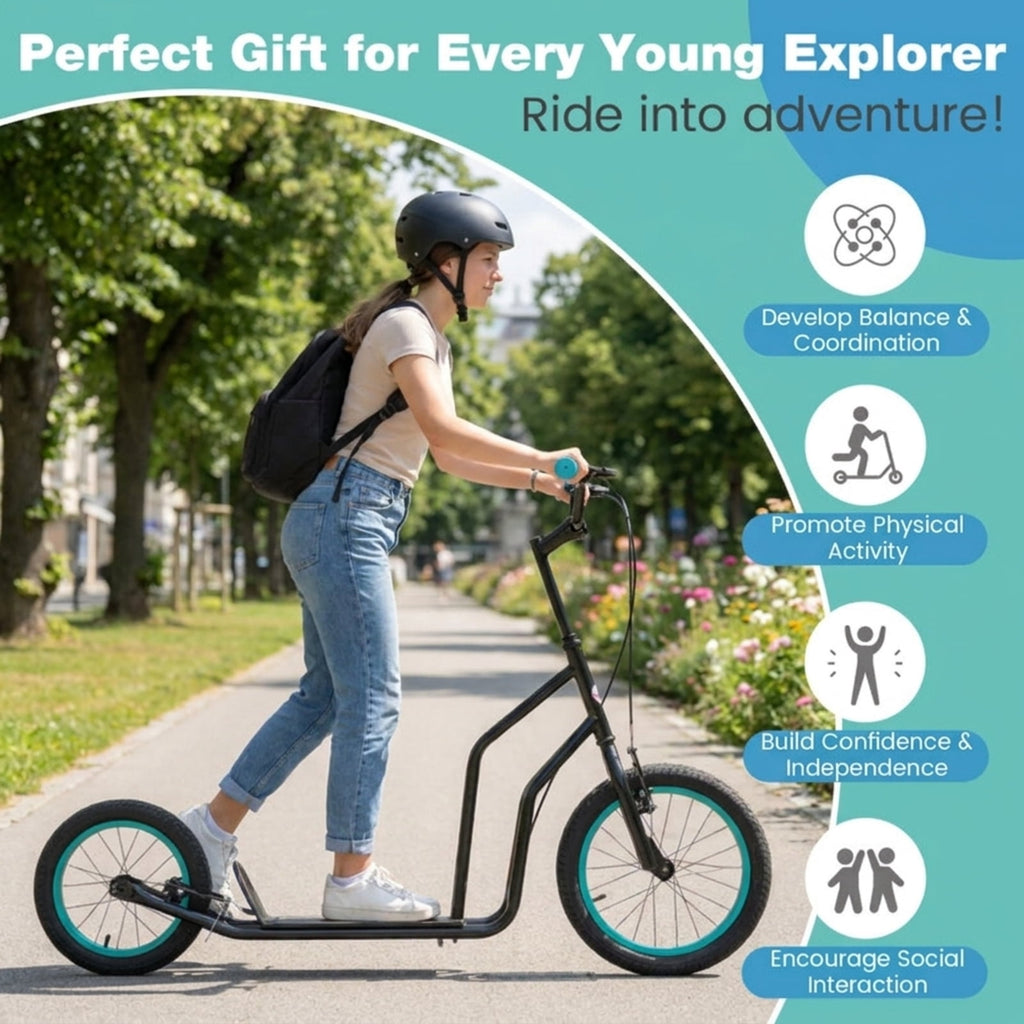 Redsmile Kids Scooter for Ages 8 and Up, Youth Scooter with 16/14 Inch Inflatable Wheels and Adjustable Handlebar, Big Wheel Scooter, Black