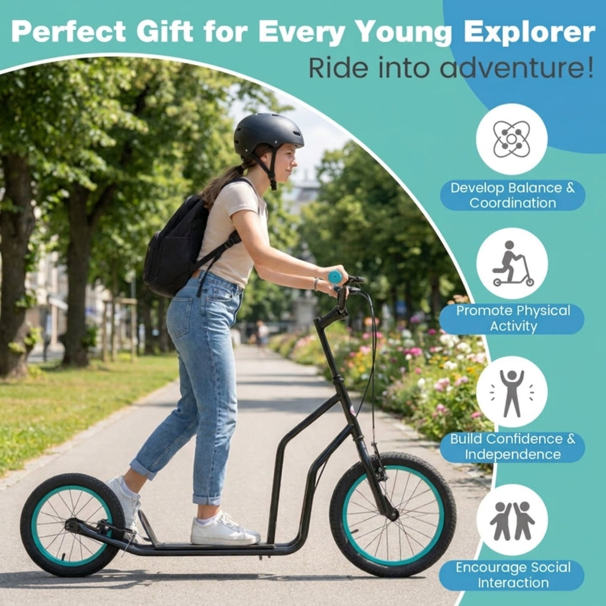 Redsmile Kids Scooter for Ages 8 and Up, Youth Scooter with 16/14 Inch Inflatable Wheels and Adjustable Handlebar, Big Wheel Scooter, Black