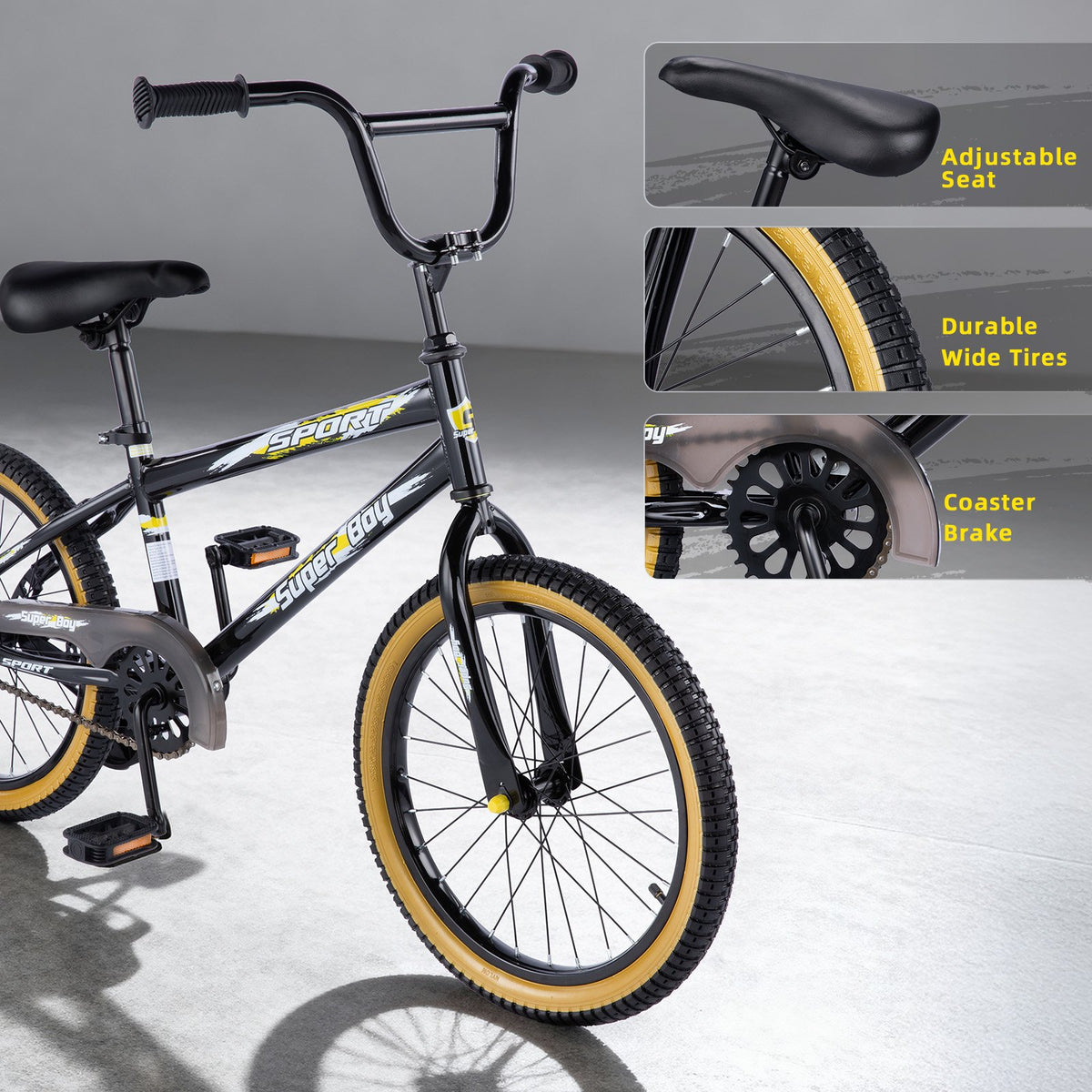 Redsmile 20 Inch Kids Bike, BMX-Style Boys and Girls Bicycle, Ages 6-12, Black/Yellow