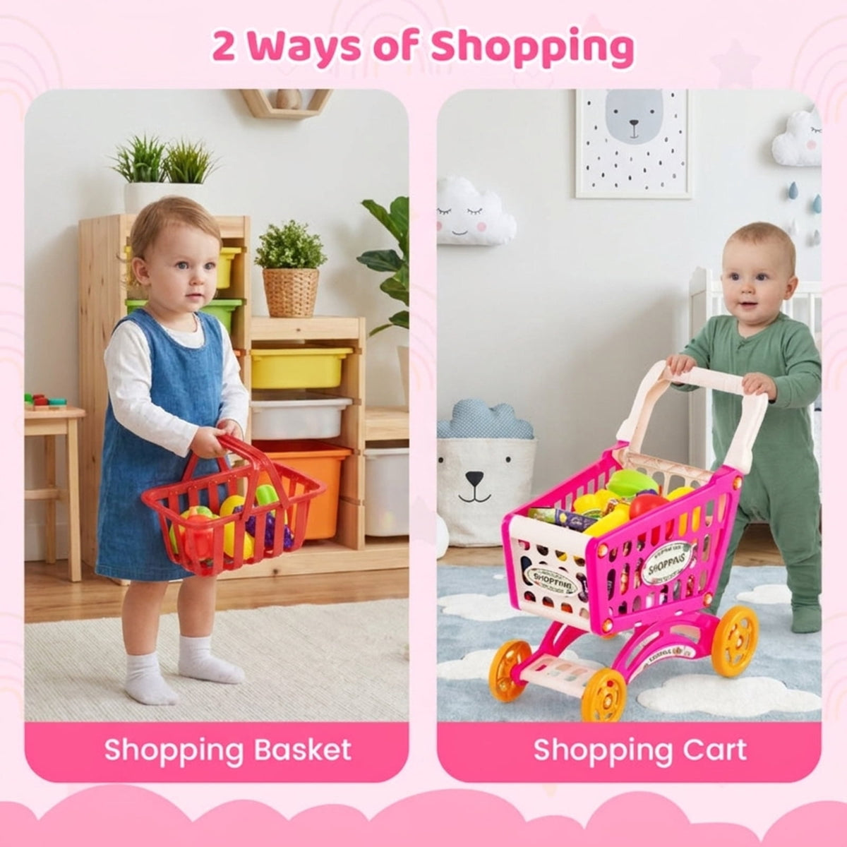 Redsmile Supermarket Playset for Kids 76 PCS Pretend Play Grocery Store Set with Shopping Cart, Pink