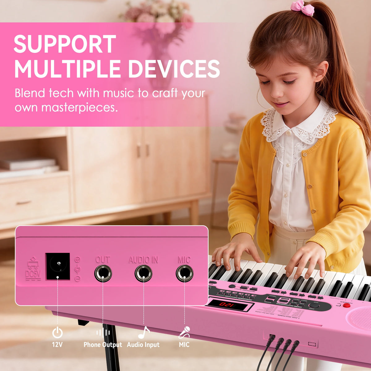 Redsmile 61-Key Piano Keyboard with Lighted Keys, Stand, Bench, Microphone, Headphone, Electronic Keyboard Piano Set, Pink