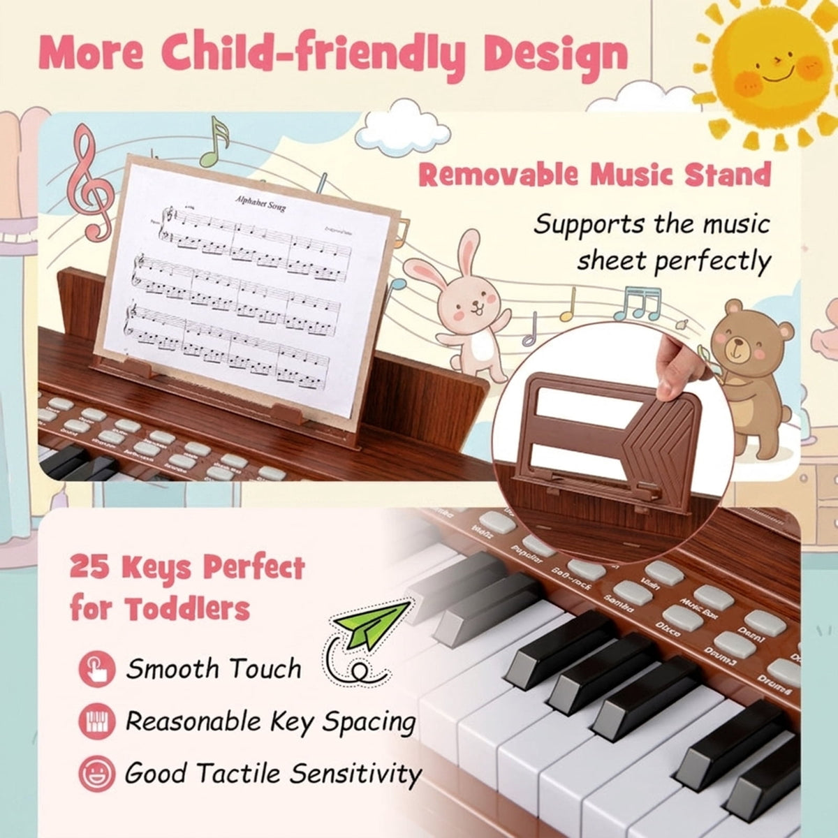 Redsmile 25 Key Kids Piano Keyboard with Record Playback and Adjustable Speed for Beginners Ages 3 and Up, Brown