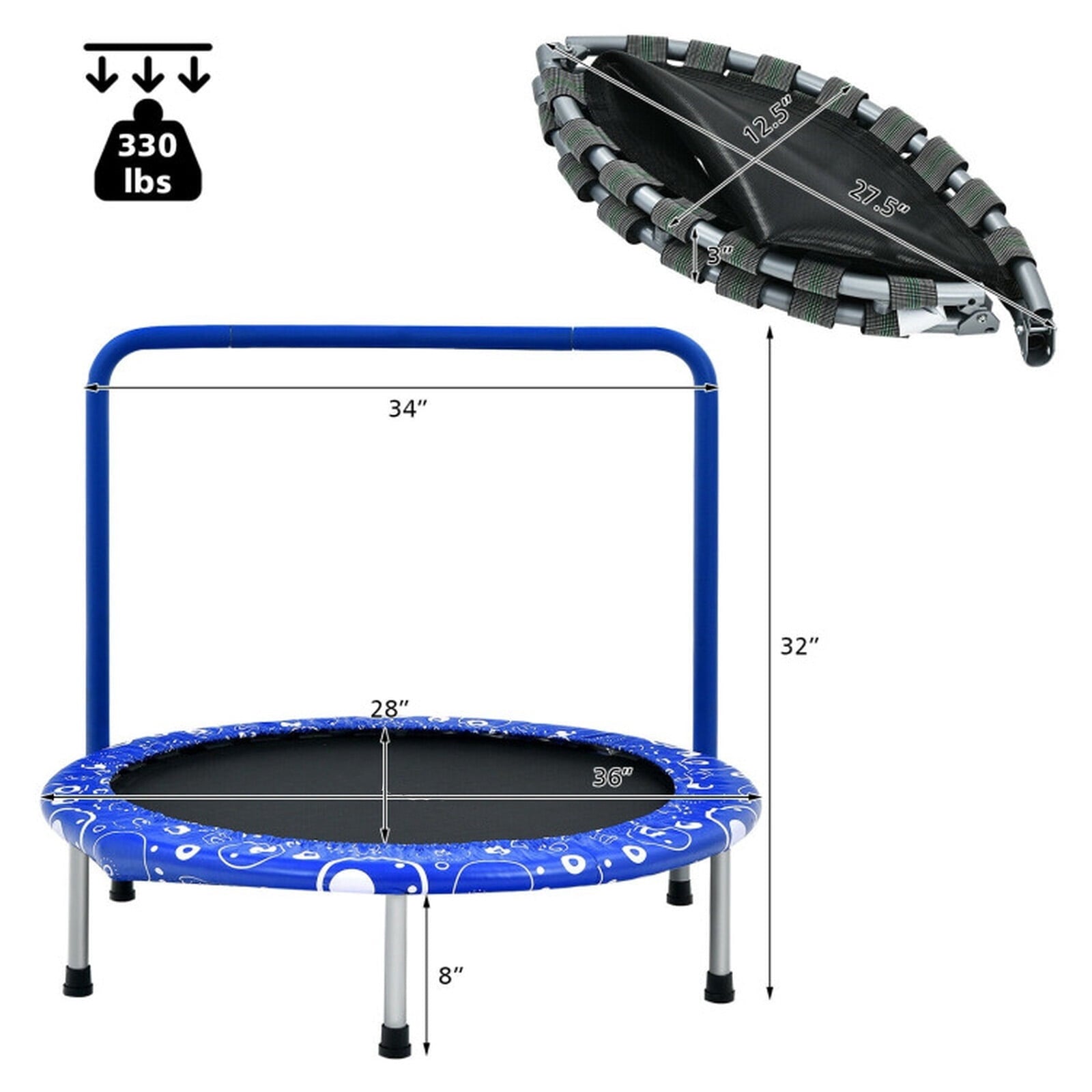 Redsmile 36 Inch Kids Trampoline Mini Rebounder with Full Covered Handrail, Blue