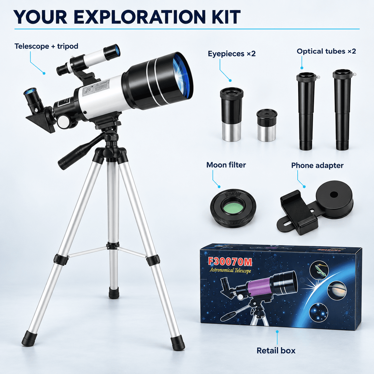 Redsmile Telescope for Kids and Adults, 70mm Aperture Astronomy Refractor Telescope for Beginners with Tripod Phone Adapter and Barlow Lense