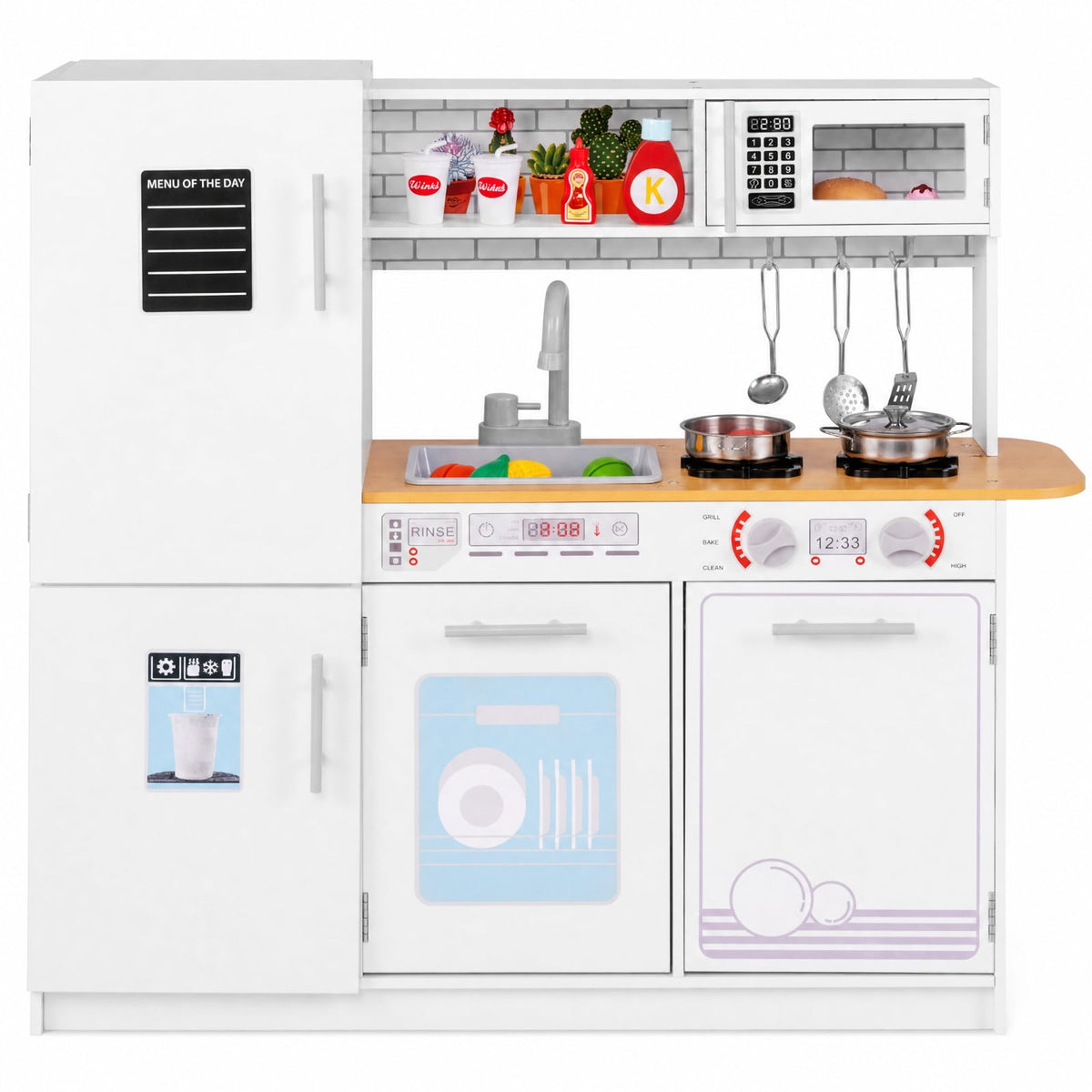 Redsmile Toddler Pretend Play Kitchen Set for Boys and Girls 3+ Years, Kids Kitchen Playset with Removable Sink, Stove, Microwave, Oven, Water Dispenser, Blackboard and Cookware, Gift, White