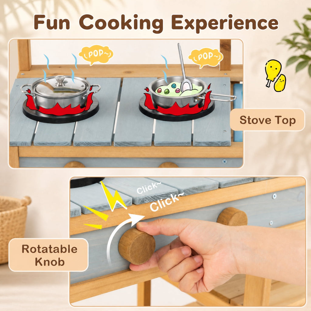 Redsmile Outdoor Mud Kitchen for Kids with Working Faucet and Water Box, Fir Wood Play Kitchen with Removable Sink Stovetop Storage Shelves and Hooks, Toddler Backyard Playset, Natural