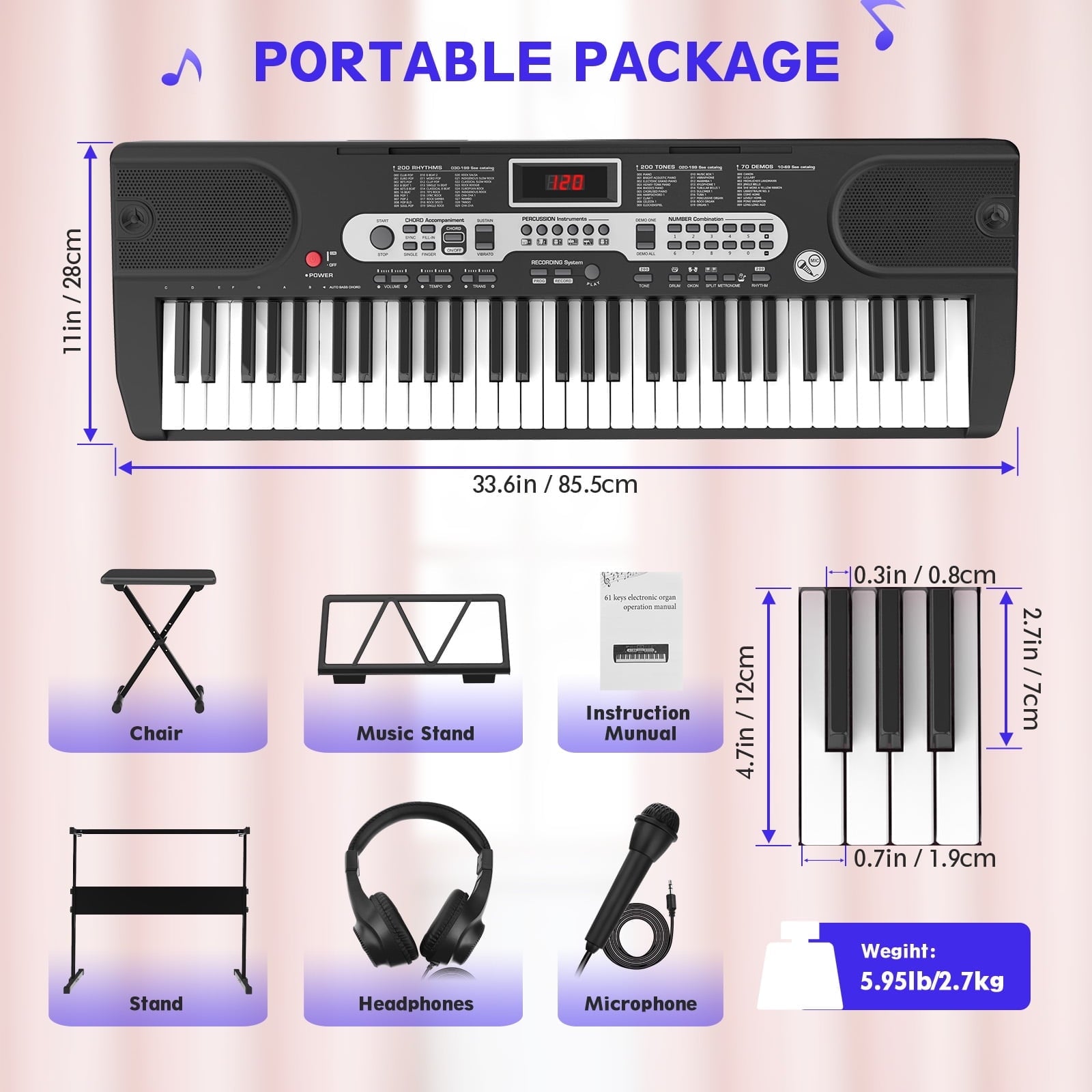 Redsmile 61 Key Piano Keyboard with Lighted Keys Stand Bench Microphone Headphone and Built-in Speakers for Beginners, Black
