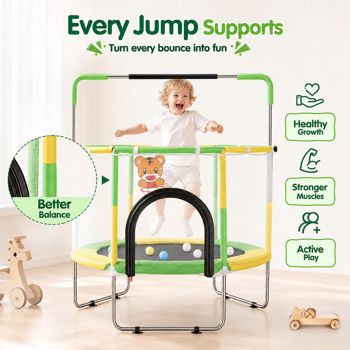 Redsmile 55 Inch Trampoline for Kids with Safety Net, 3-Level Adjustable Height, 500lb Capacity Indoor and Outdoor Jumper with Basketball Hoop for Boys and Girls, Green