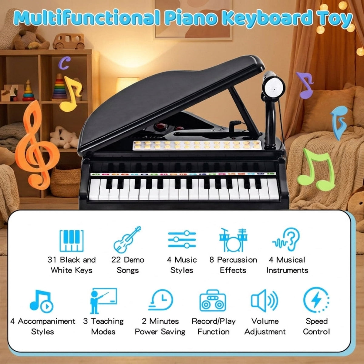 Redsmile 31-Key Kids Piano Keyboard with LED Light-Up Keys and Microphone for Beginners and Young Musicians, Black