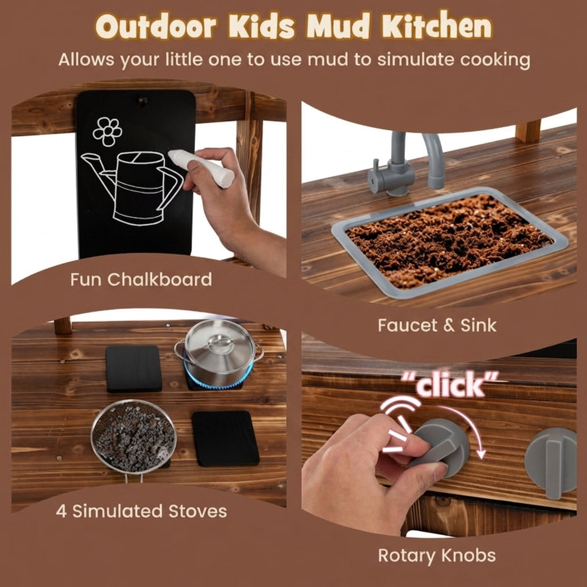 Redsmile Mud Kitchen for Kids Outdoor, Solid Fir Wood Play Kitchen with Canopy Sink Faucet 4 Stoves and Chalkboard, Toddler Outdoor Playset for Backyard Garden, Ages 3-7, Natural