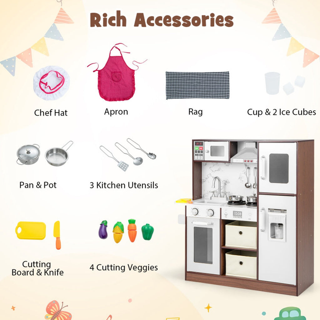 Redsmile Modern Kids Play Kitchen with Lights and Sounds, Wooden Pretend Play Kitchen Set with Ice Maker Chalkboard Fabric Drawers and 13 Accessories, Toddler Playset for Ages 3+, Coffee