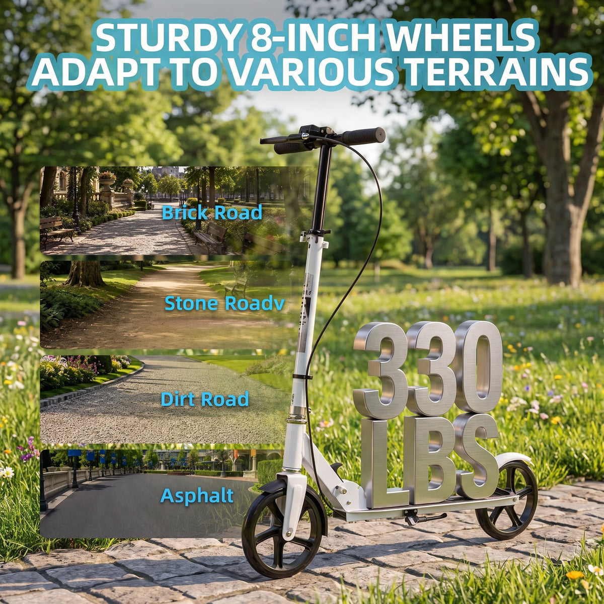 Redsmile Folding Kick Scooter with 8-Inch PU Wheels, 4-Level Adjustable Handlebar and Hand Brake for Everyday Riding, White
