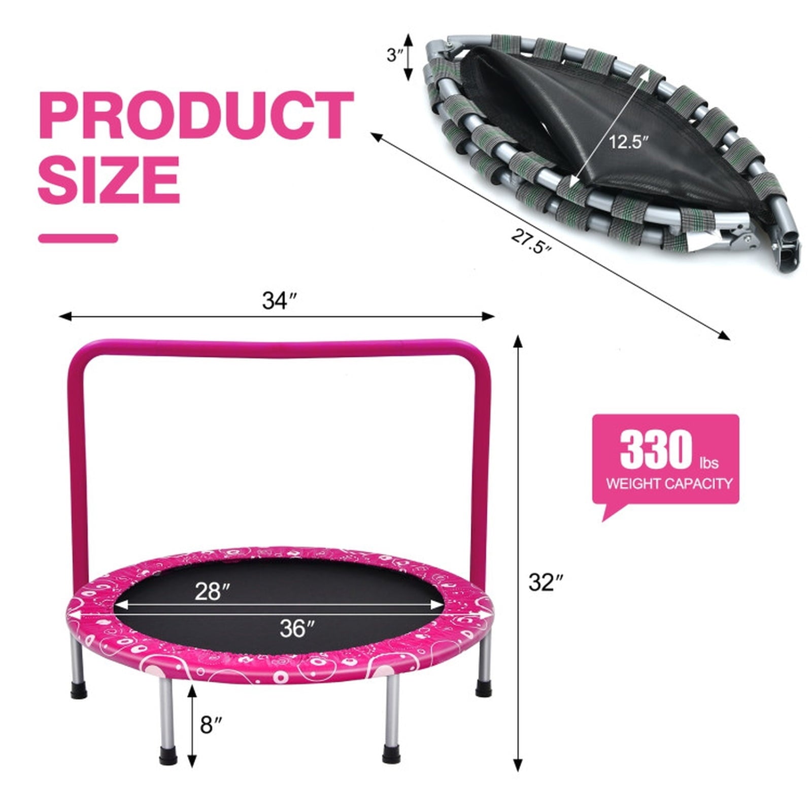 Redsmile 36 Inch Kids Trampoline Mini Rebounder with Full Covered Handrail, Pink