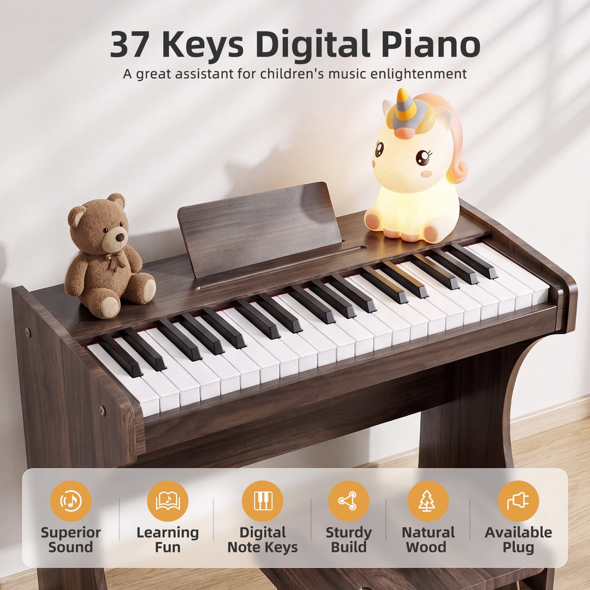 Redsmile 37-Key Kids Wooden Digital Piano with Bench, Music Book Stickers, Educational Keyboard Toy for Toddlers 3-8
