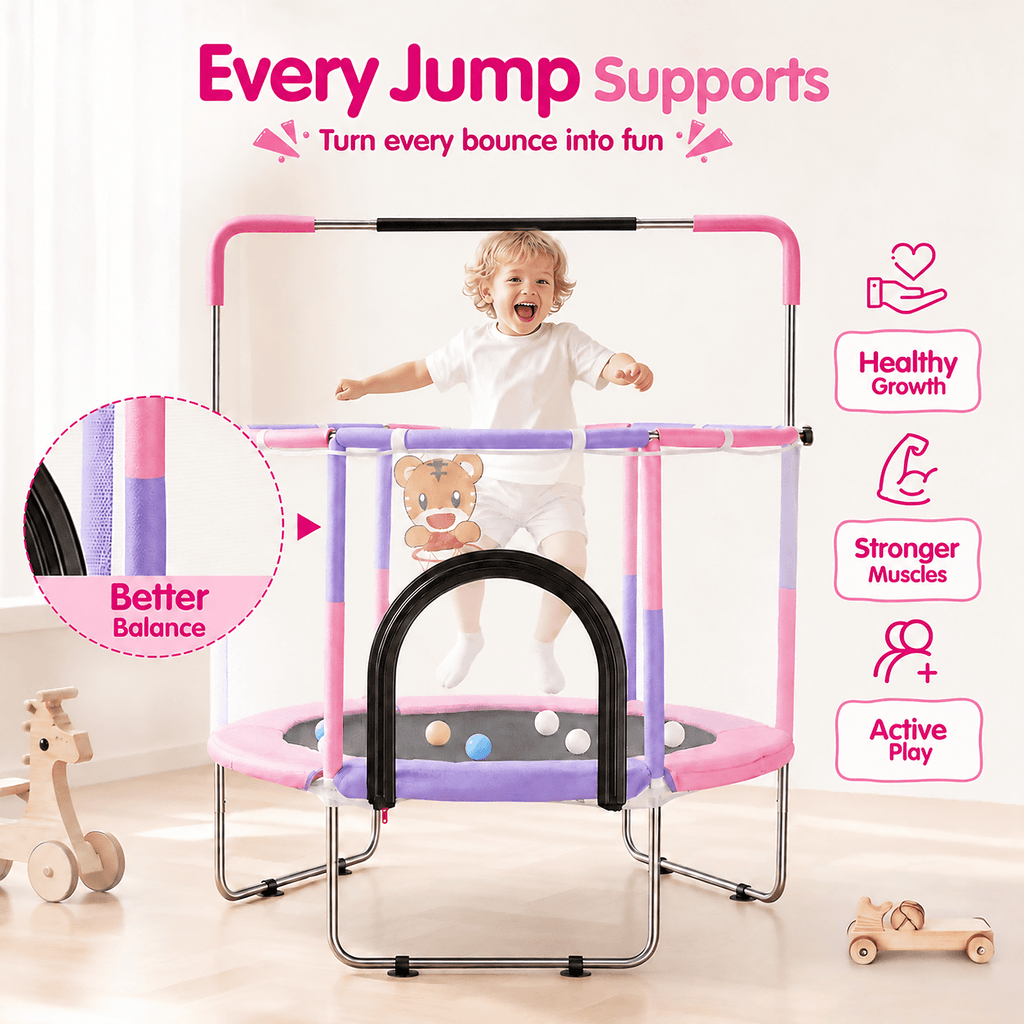 Redsmile 55 Inch Trampoline for Kids with Safety Net, 3-Level Adjustable Height, 500lb Capacity Indoor and Outdoor Jumper with Basketball Hoop for Boys and Girls, Pink