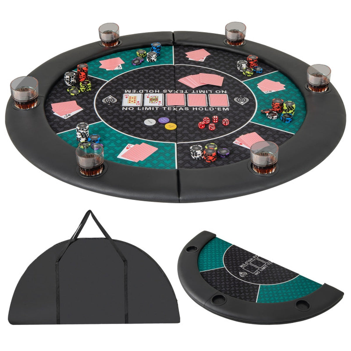 Redsmile 48 Inch 6-Player Foldable Poker Table Top, Portable Round Card Game Table Topper with 10 Cup Holders and Carrying Bag, Folding Poker Table Top for Home Party, Green