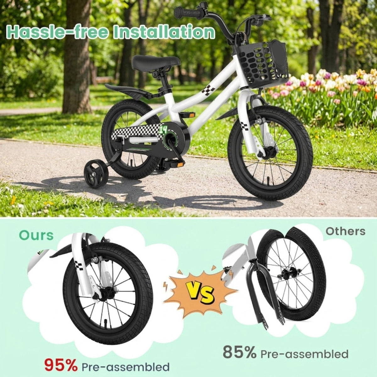 Redsmile 14 Inch Kids Bike for 3-5 Years Old, Kids Bike with Training Wheels and Basket, Toddler Bicycle with Hand Brake and Coaster Brake, Adjustable Seat for Boys Girls, Black and White