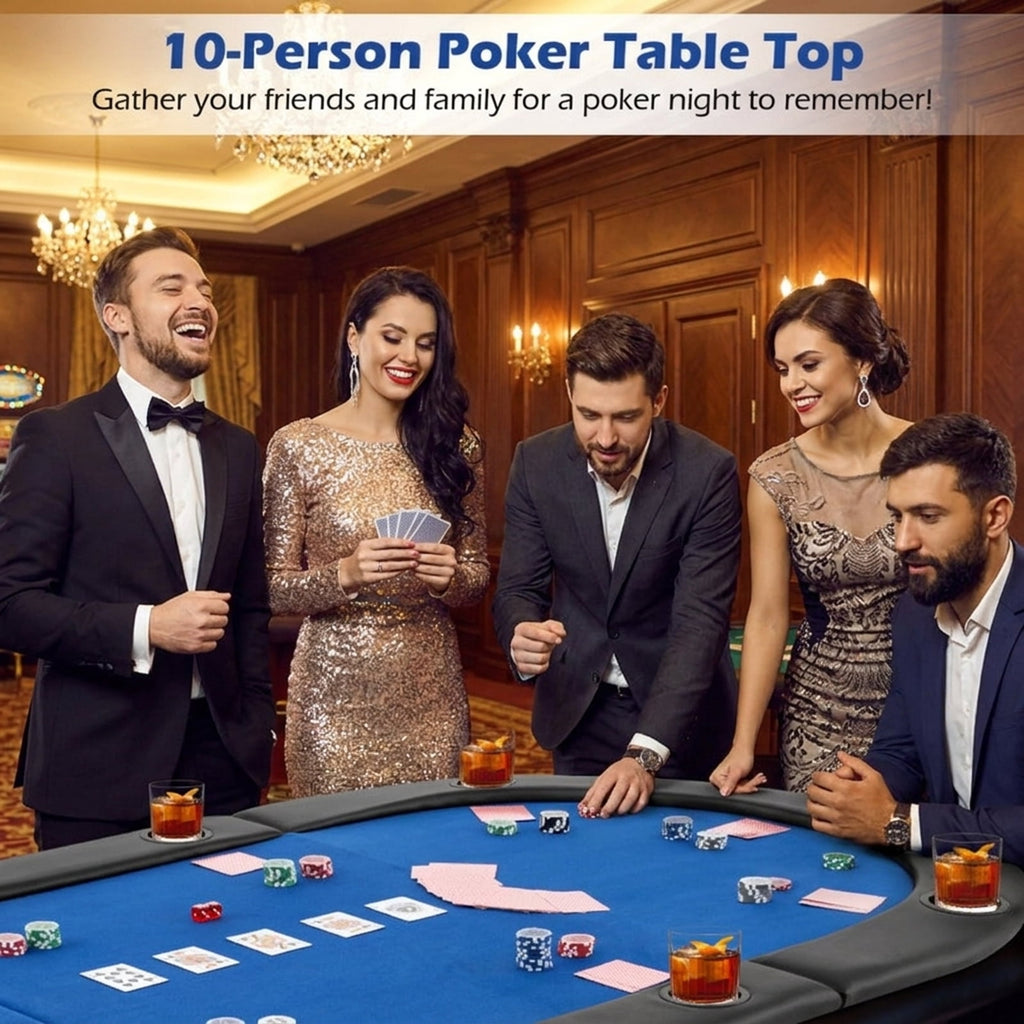 Redsmile 84 x 42 Inch 10-Player Foldable Poker Table Top, Portable Padded Card Game Table Topper with 10 Cup Holders and Carrying Bag, Folding Poker Table Top for Home Party, Blue