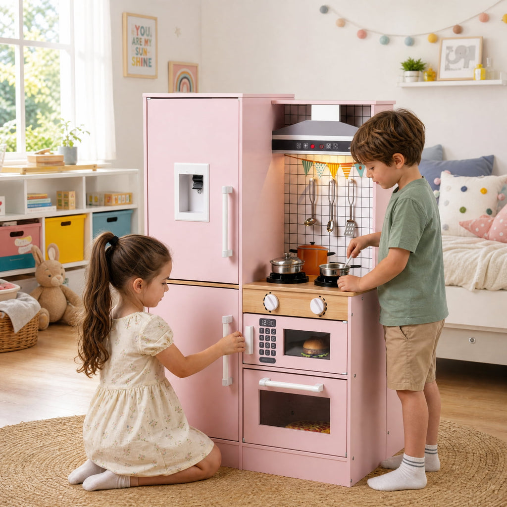 Redsmile Dual-Sided Kids Play Kitchen Set for Toddlers 3+ Years, Pretend Play Kitchen with Luminous Range Hood, Water Dispenser, Interactive Stove and Cooking Utensils, Christmas Gift, Pink