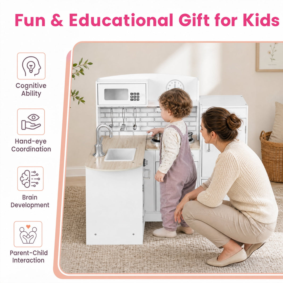 Redsmile Kids Play Kitchen Set for Toddlers 3+ Years, L-Shaped Corner Pretend Play Kitchen with Realistic Microwave, Oven, Stove, Water Dispenser, Range Hood and Side Refrigerator, White