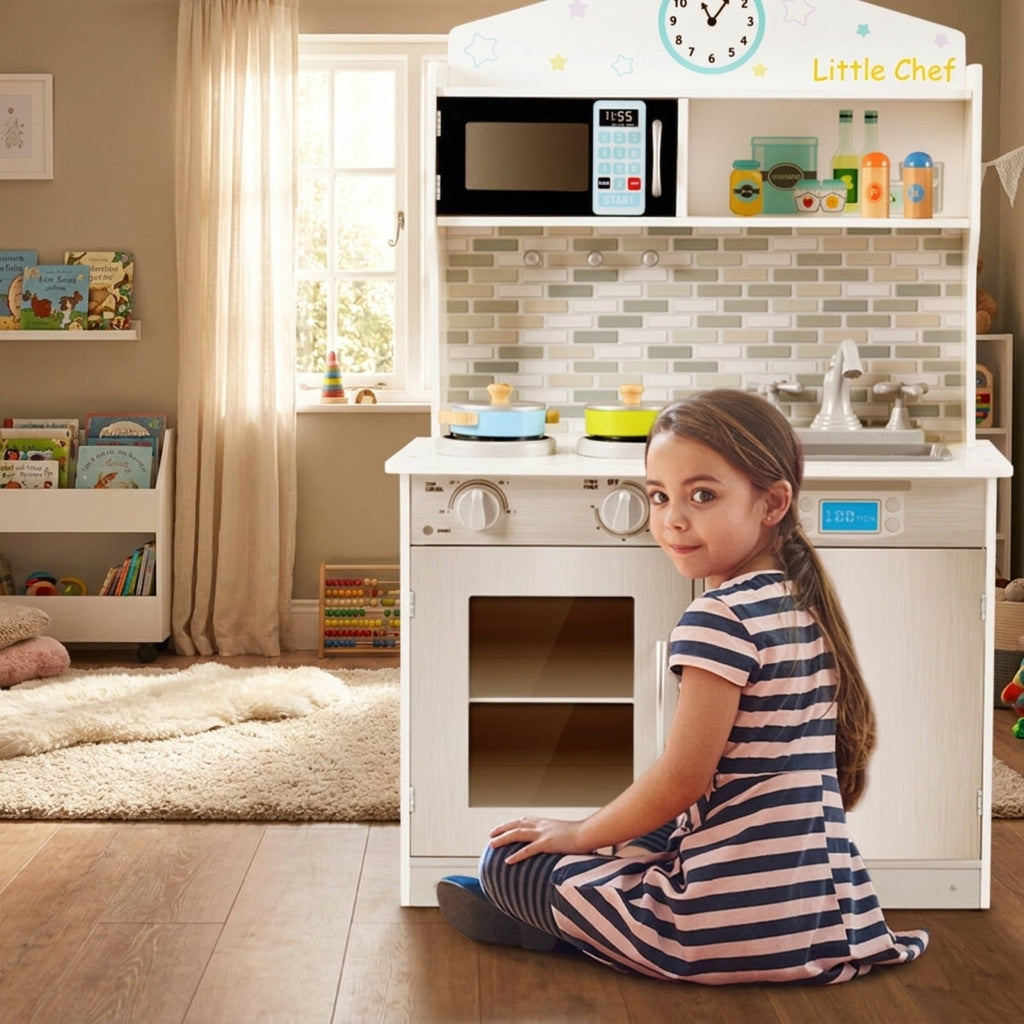 Redsmile Wooden Play Kitchen for Kids, Pretend Cooking Playset with Cookware Accessories, Toddler Kitchen Toy, Beige