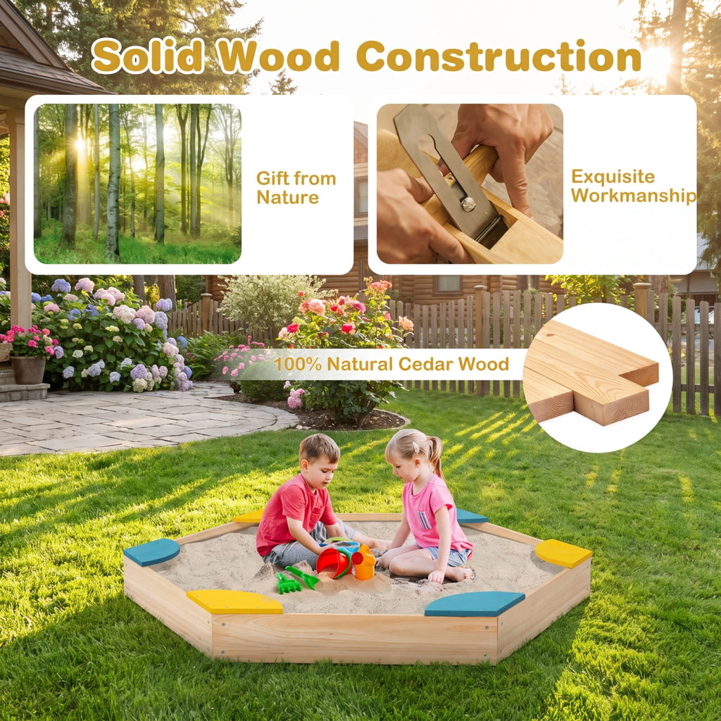 Redsmile Outdoor Solid Wood Sandbox with 6 Built-in Fan-shaped Seats for Kids Backyard Playground Summer Fun