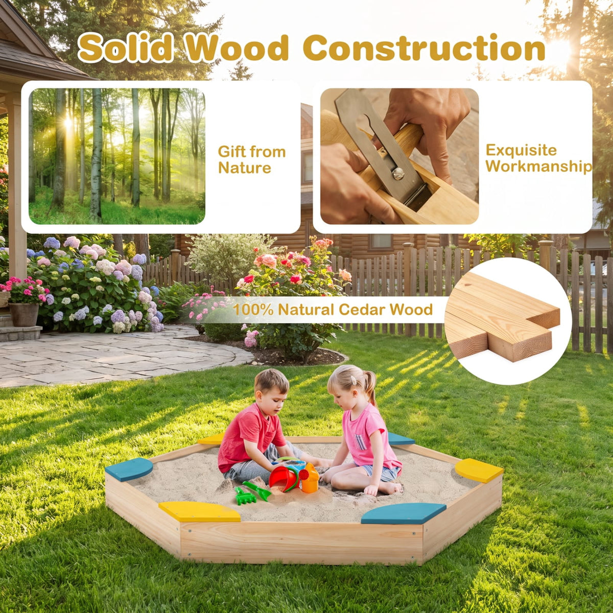 Redsmile Outdoor Solid Wood Sandbox with 6 Built-in Fan-shaped Seats for Kids Backyard Playground Summer Fun