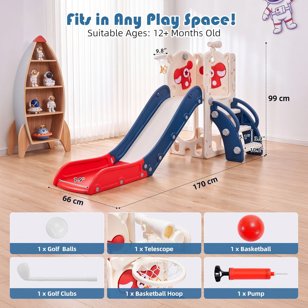 Redsmile Toddler Slide Playset with Climbing Steps, Basketball Hoop, Telescope and Golf Accessories for Indoor Outdoor Play