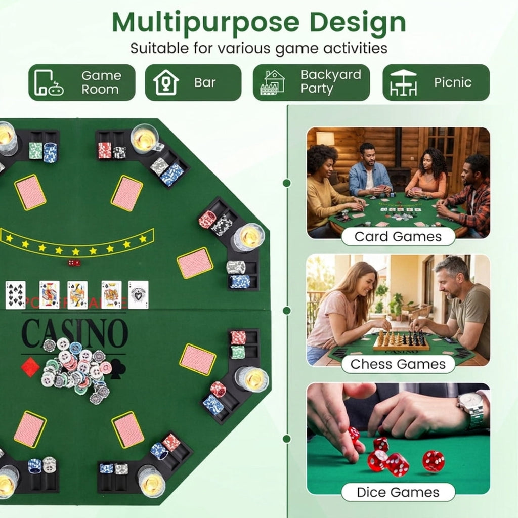 Redsmile 48 Inch 8-Player Foldable Poker Table Top with Carrying Bag, Portable Round Card Game Table Topper with 8 Cup Holders and Chip Trays for Texas Holdem Home Party, Green