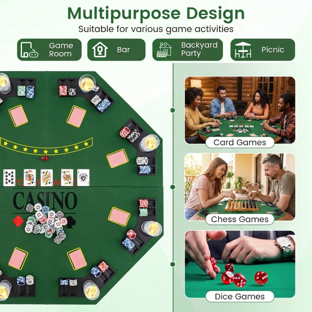Redsmile 48 Inch 8-Player Foldable Poker Table Top with Carrying Bag, Portable Round Card Game Table Topper with 8 Cup Holders and Chip Trays for Texas Holdem Home Party, Green