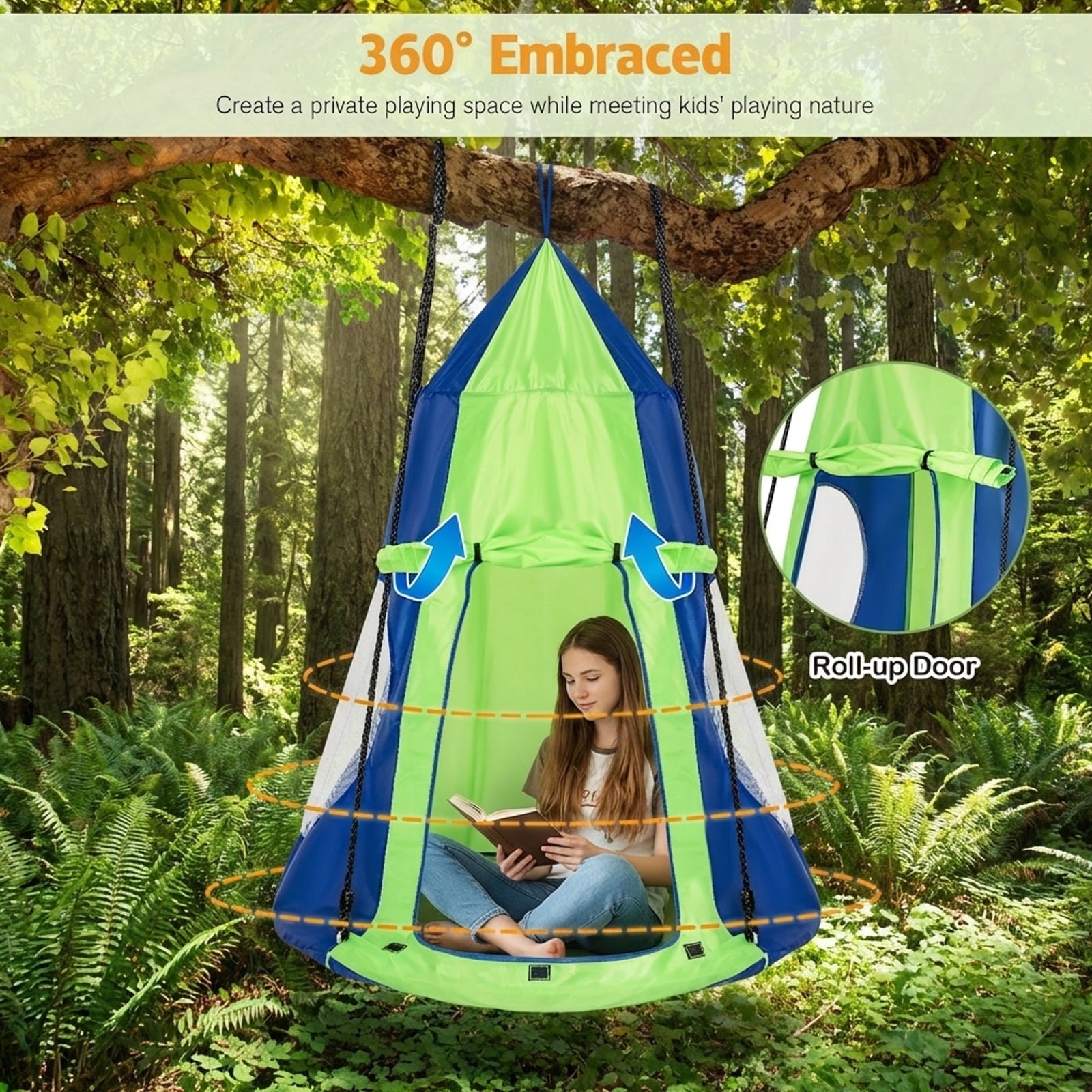 Redsmile 2-in-1 40 Inch Kids Hanging Chair Detachable Swing Tent Set 330 lbs Capacity Indoor Outdoor Play - Green