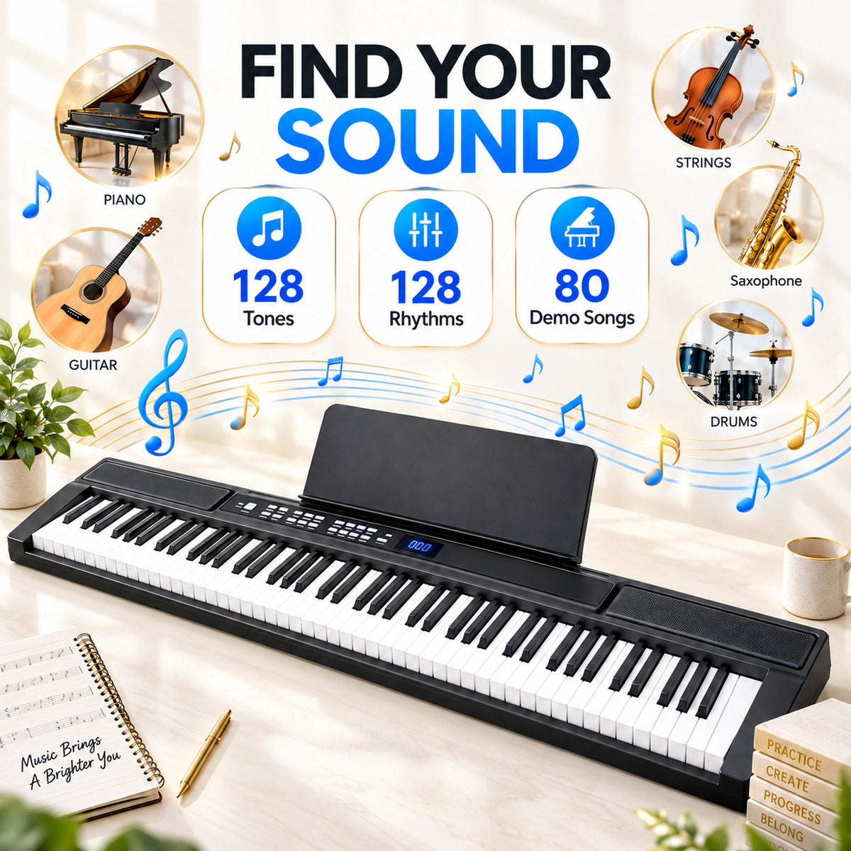 Redsmile Piano Keyboard 88 Keys Digital Piano with 128 Tones, Stand and Pedal, Black