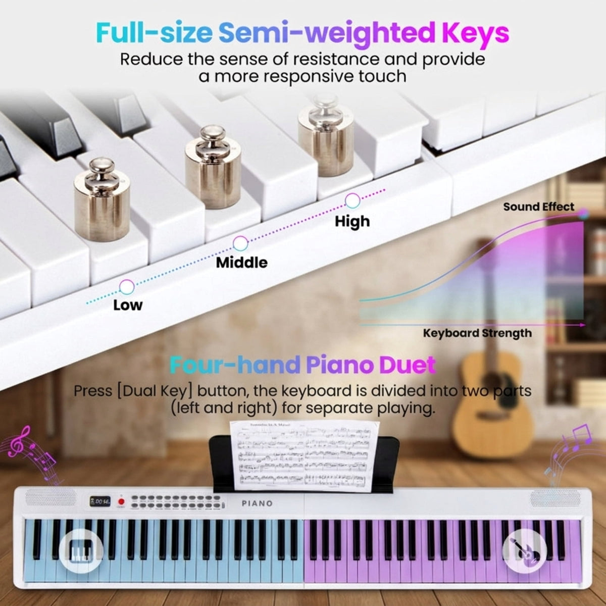 Redsmile 88-Key Foldable Electric Keyboard Piano with Wireless MIDI, Dual Speakers and Semi-Weighted Keys, Portable Digital Piano for Beginners, White