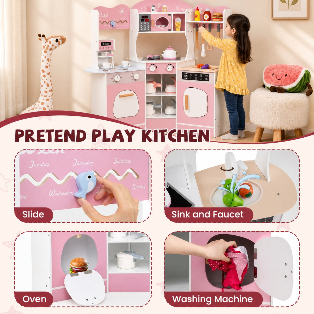 Redsmile Corner Wooden Play Kitchen Set for Kids 3+ Years, Pretend Play Kitchen with Coffee Machine, Slide, Light-Up Microwave, Stoves, Washing Machine and 20 Accessories, Pink