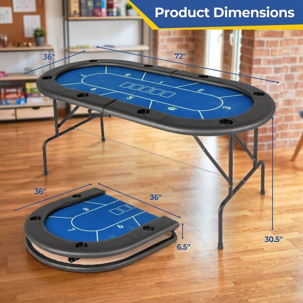 Redsmile 72 Inch Foldable Poker Table with 8 Cup Holders, Portable Casino Card Game Table with Padded Armrests Waterproof PU Leather and Non-Slip Feet for Home Game Room, Blue
