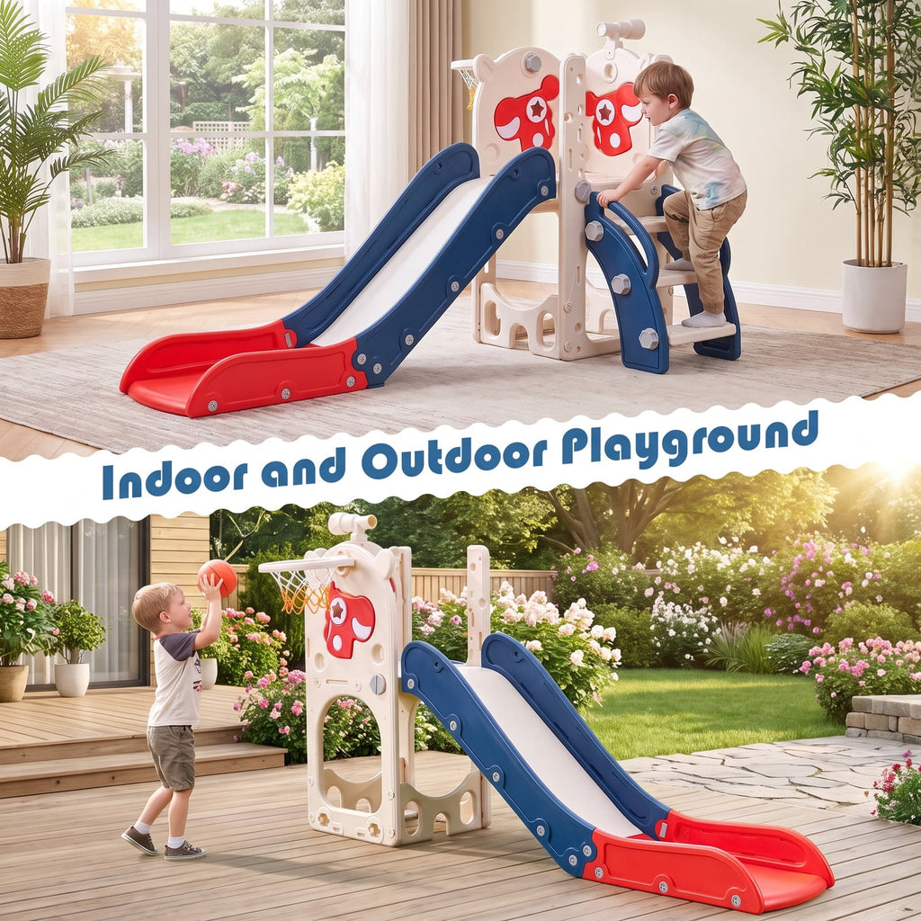 Redsmile Toddler Slide Playset with Climbing Steps, Basketball Hoop, Telescope and Golf Accessories for Indoor Outdoor Play