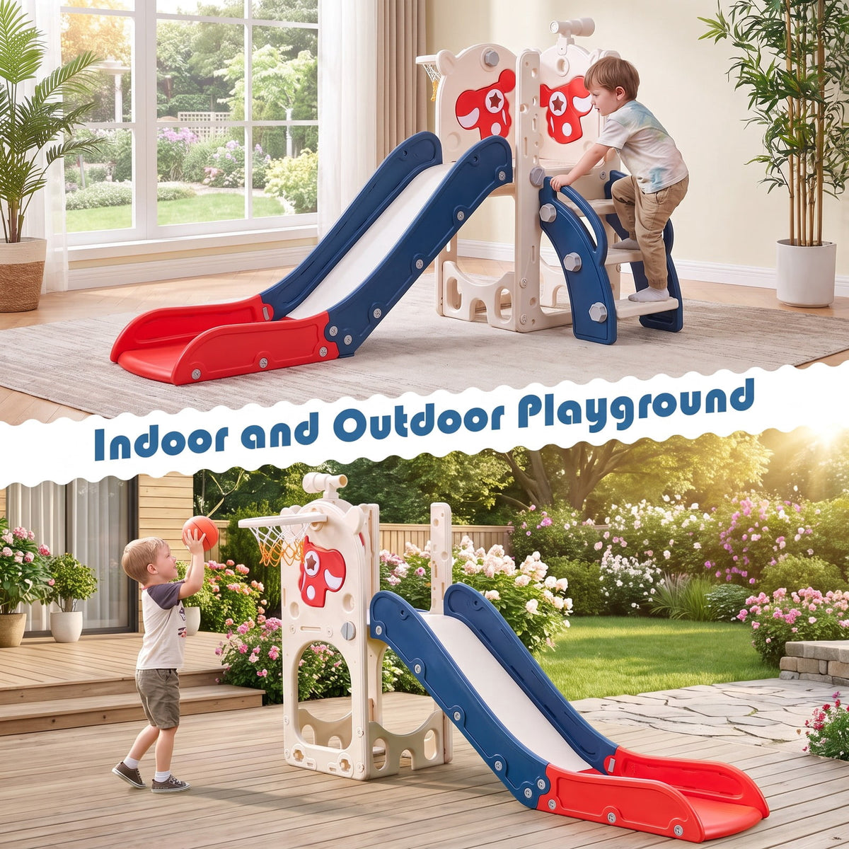 Redsmile Toddler Slide Playset with Climbing Steps, Basketball Hoop, Telescope and Golf Accessories for Indoor Outdoor Play
