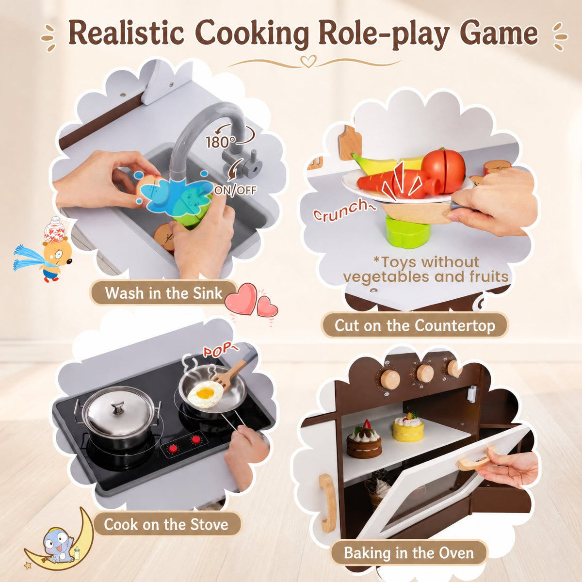 Redsmile Corner Toddler Kitchen Playset for Kids 3-10 Years, Pretend Play Kitchen Set with Ice Maker, Microwave Oven, Sink and Washing Machine, Hanging Hooks and Towel Rack, Fits 4 Kids, White